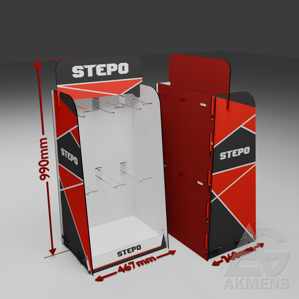 [SG-STENDAS-STEPO-PIRSTINIU-EKSPOZICIJAI-PASTATOMAS-SU-6-KABLIUKAIS] STEPO Stand, for glove display, free-standing, with 6 hooks